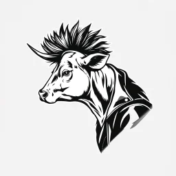 side silhouette of a punk rock cow with a mohawk wearing a leather jacket, black and white vector