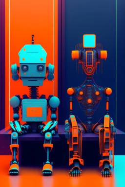 a couple of robots sitting next to each other, by Ivan Generalić, afrofuturism, raining, cybernetic dreadlocks, robot in data center, gritty feeling, orange and cyan paint decals, cybernetic and highly detailed, computer generated, waiting, recusion beeple