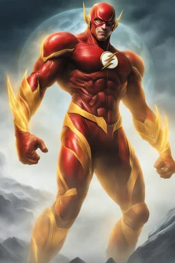full-length portrait, extremely tall, thick, extremely muscular The Flash, gold boots, gold wrist gauntlets, glowing gold piping, extremely exaggerated muscular physique, multicolored lightning, standing on the world in outer space with his fists on his hips looking forward, multicolored fog, mist, futuristic landscape