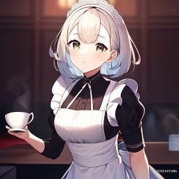 anime girl dressed as a waitress filling a tea cup of coffee, in a diner