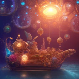 closeup shot of a beautiful glowing steampunk glass whale carriage floating on water, enchanted forest, glowing flora, bright, glowing, sparkles, 8k, incredible depth, dramatic triadic lighting, beautifully intricate details, clean environment, marvelous epic scene