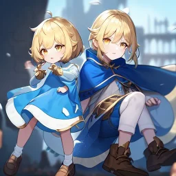 Clear focus, High resolution, Rough line, cute, cartoon style, blonde short hair, golden eyes, long locks, spiky hair, wearing a white sleevless shirt, wearing a blue cloak, wearing a light blue skirt, wearing white long socks and brown shoes