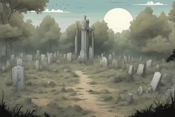 clearing, grave yard, forest,overgrown, post-apocalyptic, comic book,