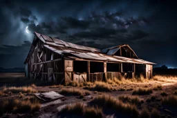 abandoned barn, post-apocalyptic style, night