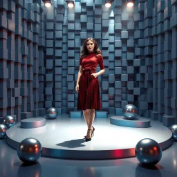 make a picture pretty stage made of metallic blue-gray teme 3d recursive cubic and sphere and cylinder base structures and a beautiful fashion model lady standing in scene with dark red top and pretty pleated midi skirt ,makeup curvy long hair,nice high heels,dynamic camera zoom to full body ,dynamic lights.
