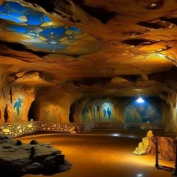 A brownish bronze cavern with crystals and gems designed in Lascaux cave paintings painted by Jeffrey Kolker