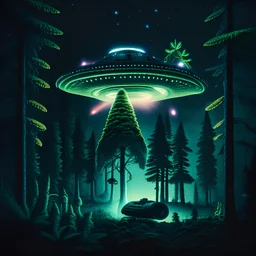 ovni abdujendo plantas de cannabis de noche en el bosque