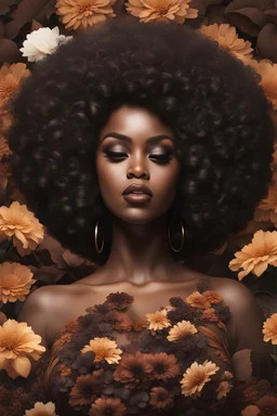 Create an magna image of a curvy black female wearing a brown off the shoudler blouse and she is looking down with Prominent makeup. Highly detailed tightly curly black afro. Background of large brown and black flowers surrounding her