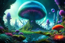 a very strange otherworldly lush alien ecosystem with gigantic transparent and bio-luminescent bubble shaped plant like life forms, deep colors, colorful, fantastical, intricate detail, splash screen, 8k resolution, centered, matte painting, airbrush art, pencil sketch