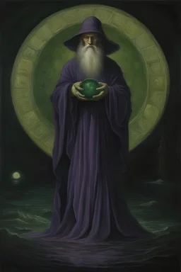 Pre-Raphaelite painting of the Dark Radioactive Wizard of the Deep, alchemical homuculus. sfumato, in the style of John Everett Millais, Sana Takeda, violet and beige Duochrome film