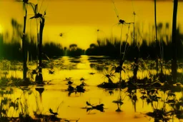 A yellow swamp with glowing dragonflies painted by Andy Warhol