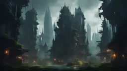 dark cyberpunk fantasy city retaken by nature