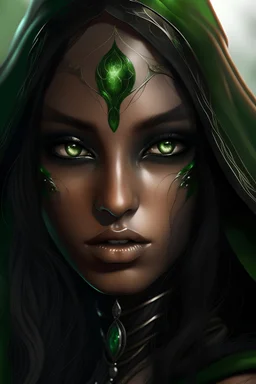 Immagine fantasy di un elfo femmina di pelle mulatta con occhi verdi e velo nero che lascia scoperti solo gli occhi