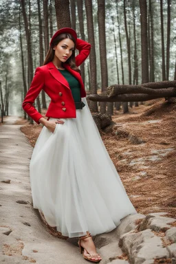 fullbody shot of young-beautiful-girl-with-a-perfect-face in green trees