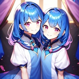 Girl, blue hair, pink eyes, dark mori, twins, smiling