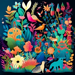 Illustrate a vibrant garden blooming with diverse flora and fauna, representing creativity and inclusivity. Show different species of plants and animals coexisting harmoniously, symbolizing the value of diversity and inclusion in fostering creativity.