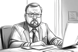 big russian man sitting at desk, portrait, speech, TV address, nametag, glasses, neck beard, short hair, mustache, suit, no tie; caricature style, black and white; pencil sketch