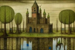 An abandoned old castle surrounded with swamp monsters painted by Paul Klee