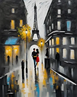 the oil painting,couple in love in paris- impressionism expressionist style oil painting,-impressionist impasto acrylic painting, thick layers of black and white textured paint,bright colors,oil white paint,black and white.