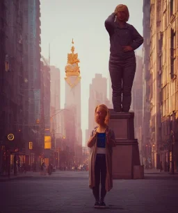 Statue of Queen of photography. Cute blonde woman. Photographer in golden crown. Standing on the street. Big camera in her hand. hyperdetailed, photorealistic, trending on artstation, greg rutkowski, beksinski, kodachrome, lomography, golden hour, bokeh, volumetric light