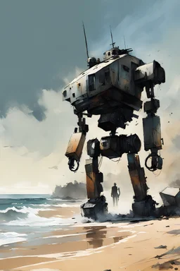 [Alex Maleev] Abandoned war robot wreckage on the beach, kids are approaching it from the beach in a small barque