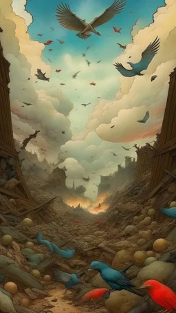 view from inside a trench from the first world war, flying debris, smoke and ash, screams and agitation, despair, colored birds flee in fright, in the style of alphonse mucha