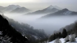 Far over the misty snow capped mountains cold