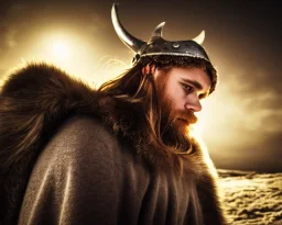 a sad and lonely viking looking up at the stars at night, hyper realistic, 8k, insane detail, atmospheric background, crying eyes, big fur coat, long braided hair, sharp focus, soft background, dynamic lighting, viking helmet, night time