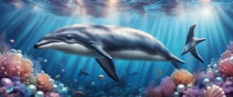 Hyper Realistic Cute Dolphin swimming under the ocean with pearls & crystals under water