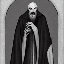 Nosferatu vampire with a tentacle beard and grey skin as a Russian Orthodox