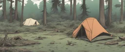 campsite, tents, overgrown, post-apocalyptic, comic book, forest