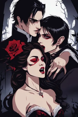 male vampire biting the neck of a young woman