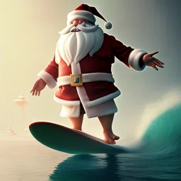 Santa standing of surfboard surfing a big wave, surfboard, beach, character design by cory loftis, fenghua zhong, ryohei hase, ismail inceoglu and ruan jia. unreal engine 5, artistic lighting, highly detailed, photorealistic, fantasy