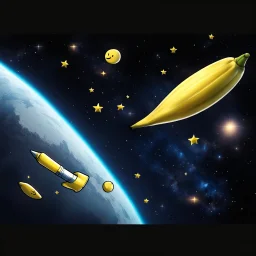 draw cartoon yellow banana with smile as starship flying in space.