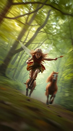 motion blur fast running caped long haired pixie Quickling - Forgotten Realms dodging arrow along winding branches in lush green forest along speeding horses , bokeh like f/0.8, tilt-shift lens 8k, high detail, smooth render, down-light, unreal engine, prize winning