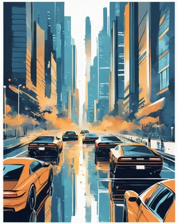 vector t-shirt design, minimalistic ink drawing style, vanishing point on white paper, water color splash, A futuristic cityscape with flying cars soaring between skyscrapers. Digital art, Cyberpunk. In the artistic vision of Linus Martell., painting, illustration