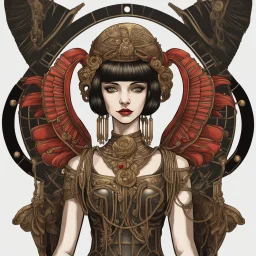 Full Body, Art Nouveau Woman With A Bob With A Fringe Hairstyle, Cleopatra Clothing, Steampunk Metal moth with red wings, Black Background