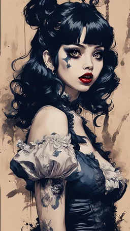 Poster in two gradually, a one side malevolent goth vampire girl face and other side the Singer Melanie Martinez face, full body, painting by Yoji Shinkawa, darkblue and sepia tones,