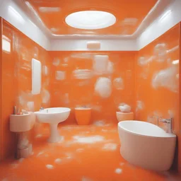 Surreal bathroom where everything is in plastic, sunny orange, even the walls and windows and shaggy carpet, futuristics