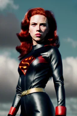 retro portrait image from 1960, sky background, wind, long red hair, fighting stance, sweet young Scarlett Johansson, black dress, classic long tight lycra black suit, gold bracelet and belt, high heel boots, superhero style, soft color, highly detailed, unreal engine 5, ray tracing, RTX, lumen lighting, ultra detail, volumetric lighting, 3d, finely drawn, high definition, high resolution.