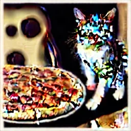 photo of a cat playing piano and guitar and pizza