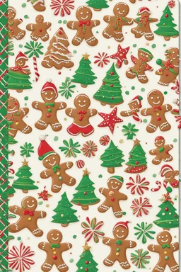 Design a vibrant and bestselling notebook cover with a festive holiday theme. The notebook is intended to be a bestseller and should feature a gingerbread motif. Use bright and cheerful colors to create an eye-catching design that captures the spirit of the season. Think of elements that convey the warmth and joy of the holidays, ensuring that the cover is both visually appealing and evocative of the festive atmosphere. Consider incorporating traditional holiday symbols and decorations to make t