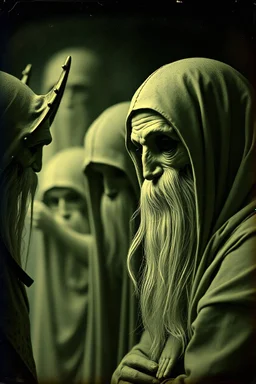 Daguerrotype close up some mysterious figures, odd background, Hieronymus Bosch, ambient light, by Minicavio Quollati and Marlost Endgulp, Amano, Botticelli, Alphonse Mucha