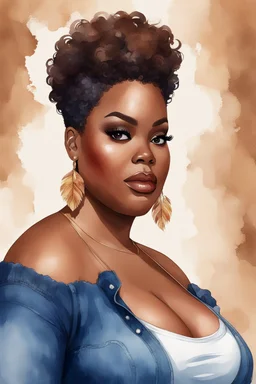 create a watercolor illustration of a plus size dark skinned black female wearing Tight blue jeans and a hazel brown off the shoulder blouse. Prominent make up with long lashes and hazel eyes. She is wearing brown feather earrings. Highly detailed short pixie cut