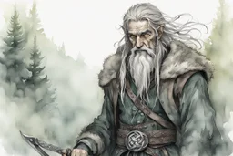 ink wash and watercolor illustration of an ancient grizzled, gnarled elf vagabond wanderer, long, grey hair streaked with black, highly detailed facial features, sharp cheekbones. His eyes are black. He wears weathered roughspun Celtic clothes, emaciated and tall, with pale skin, full body , thigh high leather boots and has a dark malevolent aura within swirling maelstrom of ethereal chaos in the comic book style of Bill Sienkiewicz and Jean Giraud Moebius , realistic dramatic natural lighting