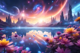 beautiful cosmic ambience galactic orbital stations pure harmony, soft blue, soft blue, smile, galactic, magic, transcendent, divine, warm look, fantastic magical flowers background, ultra sharp focus, ultra high definition, 8k, unreal engine5background, colored lake, ultra sharp focus, ultra high