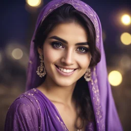 Pakistani Pukhtoon young-woman smiling & has beautiful eyes with purple dress at night