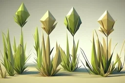 concept art of six low poly stylized alien dry single leaf tall grass on a neutral background. Strange fictional extraterrestrial flora with unusual shapes