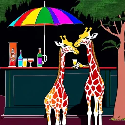 very Gay Giraffes standing in a bar drinking umbrella drinks