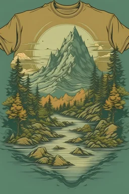 t-shirt design, painting of a mountain with trees and water, a detailed painting, environmental art, detailed painting, outlined art, 2d game art